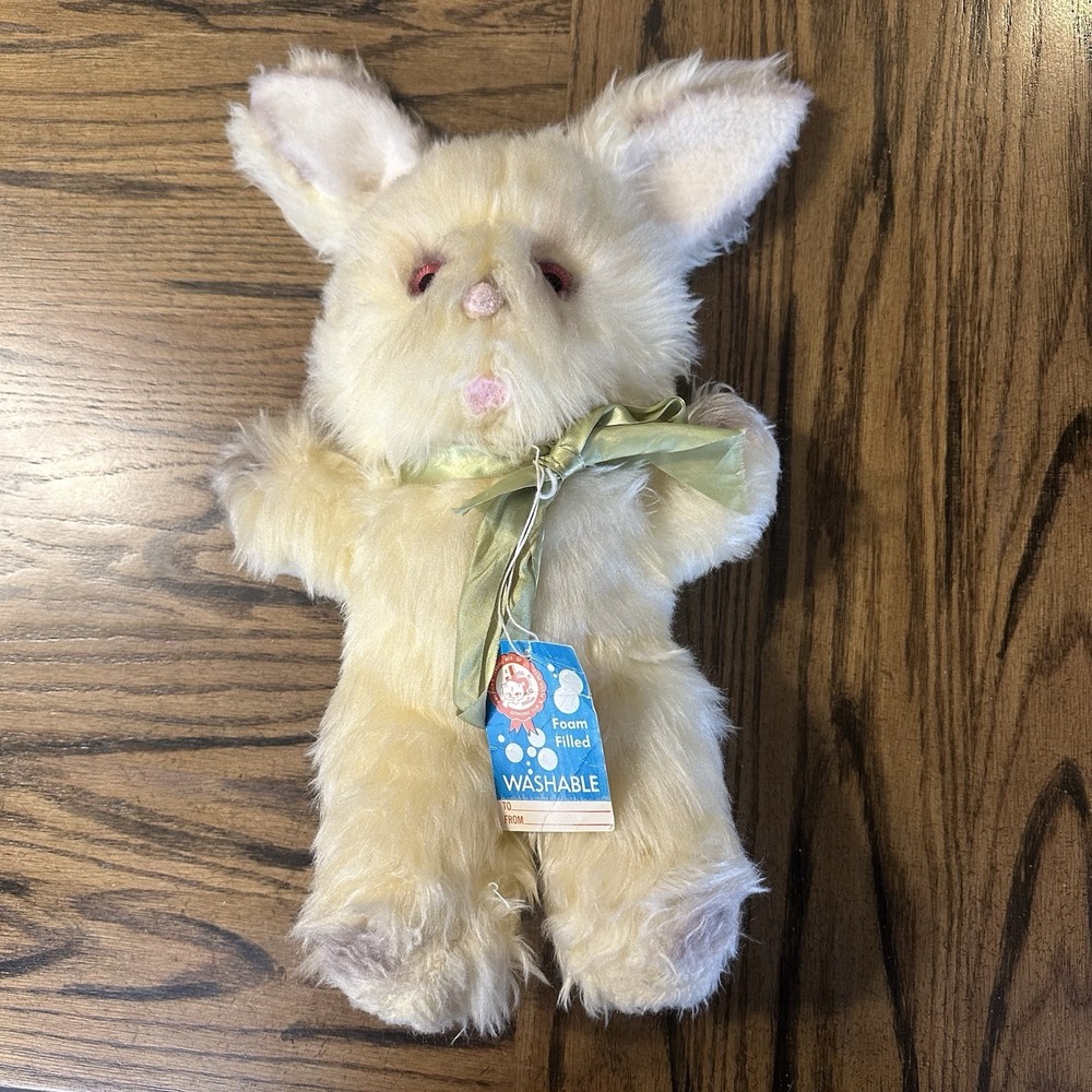 Vintage Jerry Pets Yellow Cream Real Rabbit Fur Bunny Pink Eyes HTF RARE Tag Bow